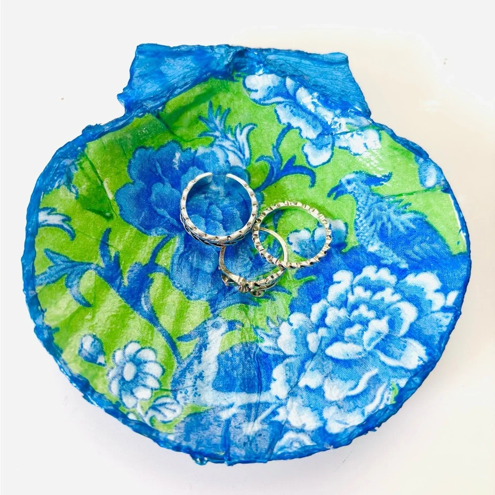 Handmade Scallop Shell Trinket Dish W/ Green and Blue Floral Decoupage Design
